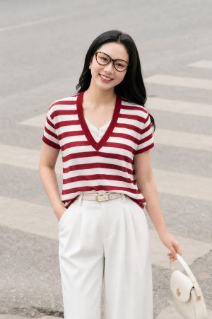 Áo len kẻ cộc tay cổ V phối - O61W26H032